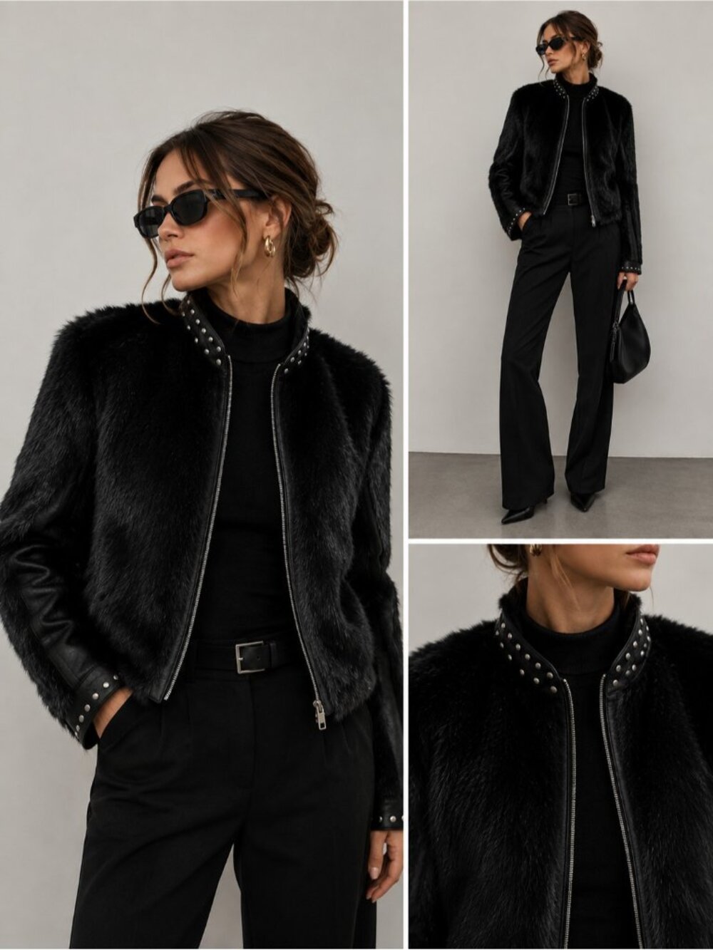 Ashley Stewart Genuine Rabbit Fur Leather Studded Moto Jacket Black Plus Size 2X